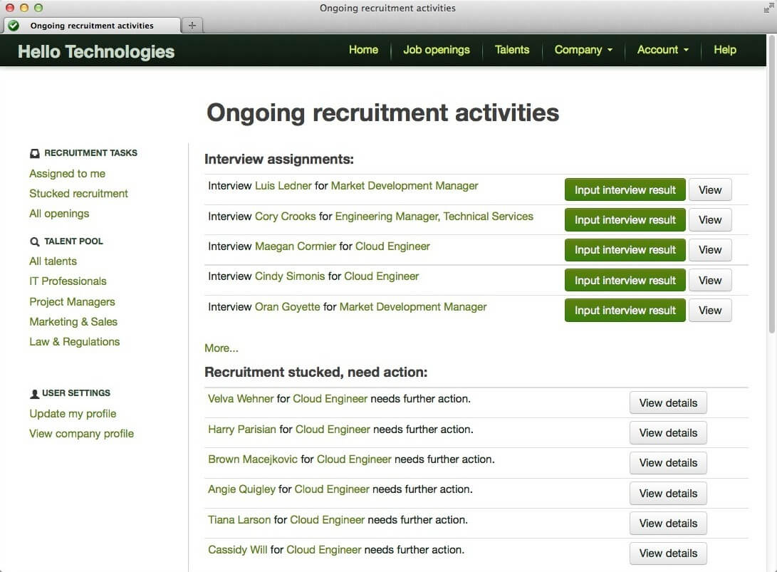 Recruitment tasks management